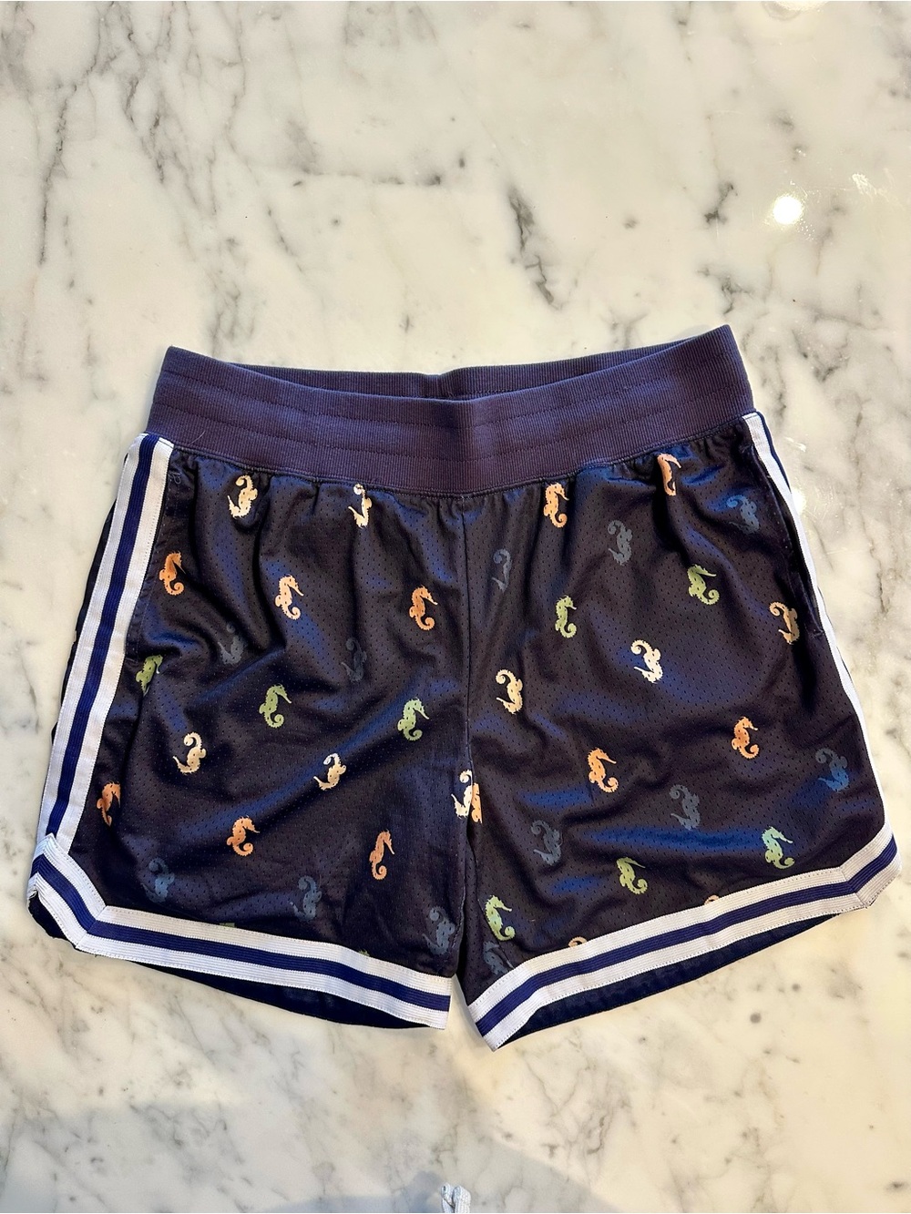 Men’s Navy Seahorse Print Mesh Athletic Shorts with thick Cotton Band- Size M